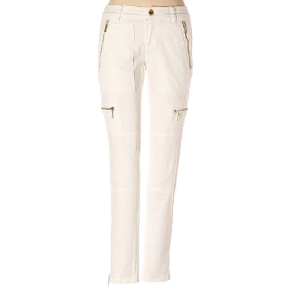 MICHAEL Michael Kors White Twill/Gold Zipper Skinny Pants- Sz. 0